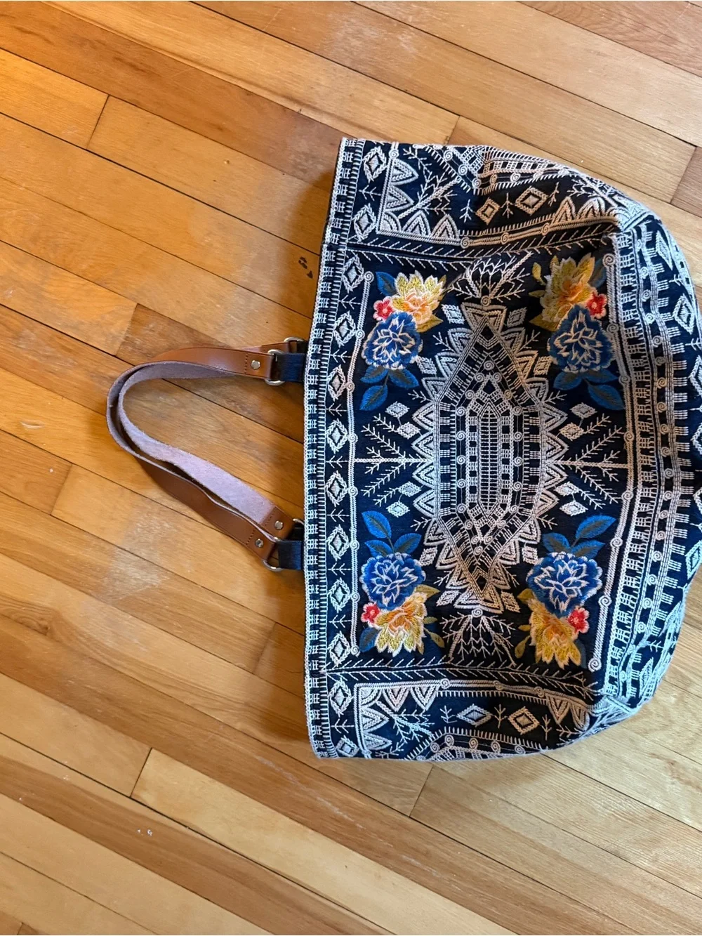 Johnny Was Navy Tote with Multicolor Floral Embroidery